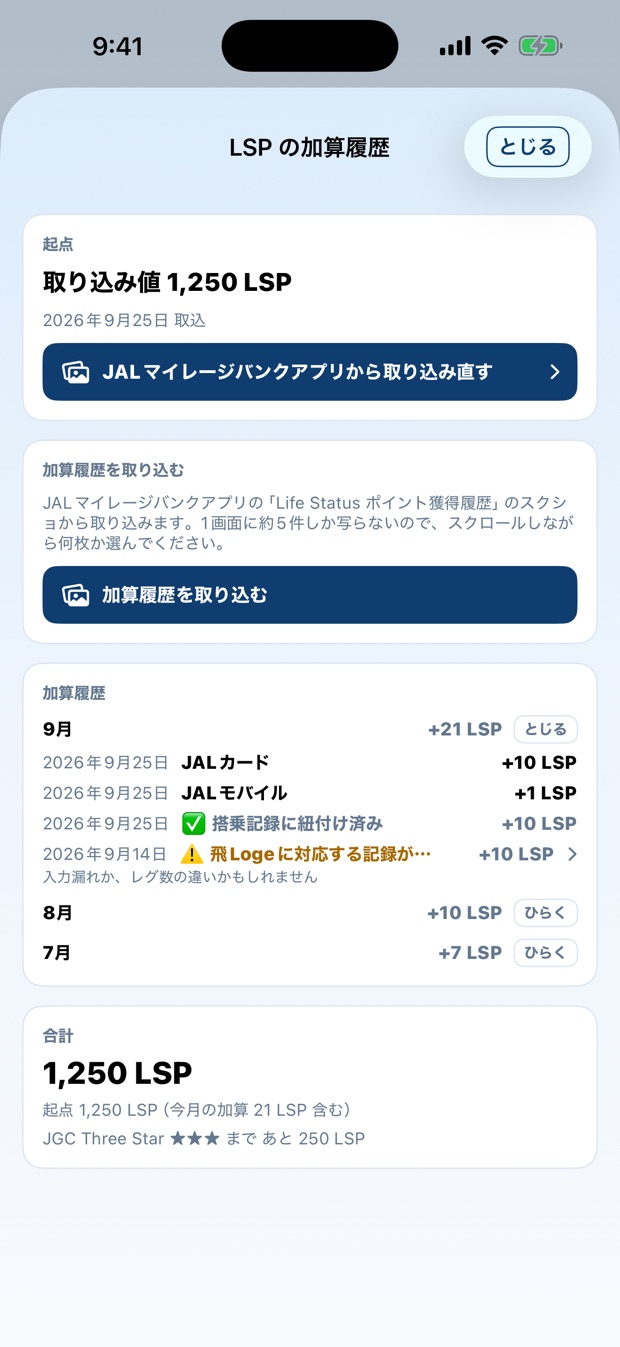 LSPの加算履歴。月ごとの加算と、搭乗記録に紐付け済みの印が並ぶ画面