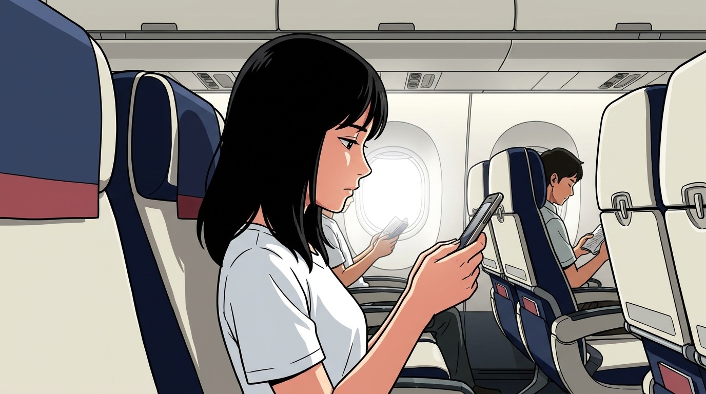 機内で スマートフォンを見ている女性